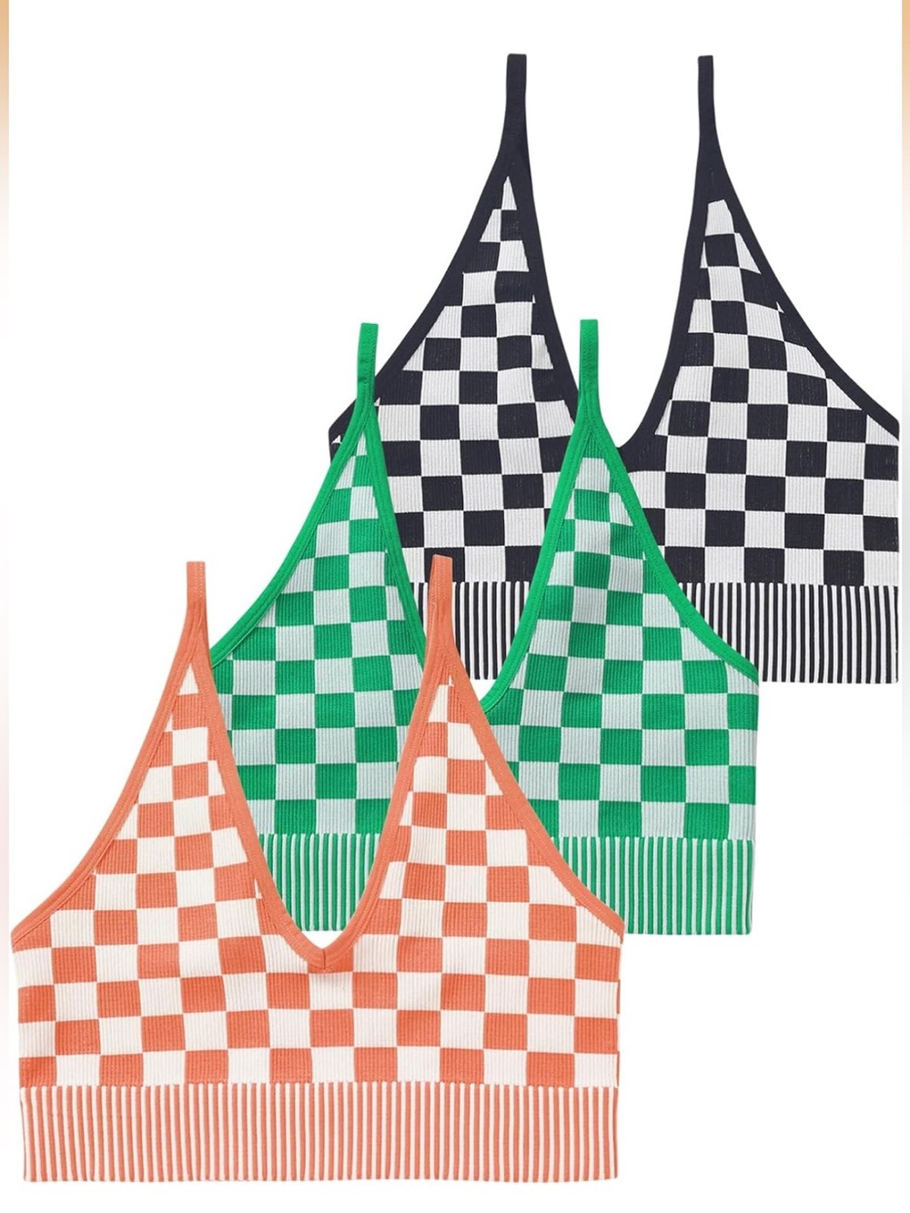 V Neck Crop Top Trio in Orange, Green, Black